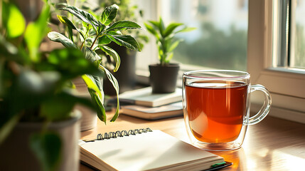 20240929200304list 16 A minimalist home office setup with a cup of herbal tea, an open notebook, and a plant by the window, representing a calm and mindful work environment 