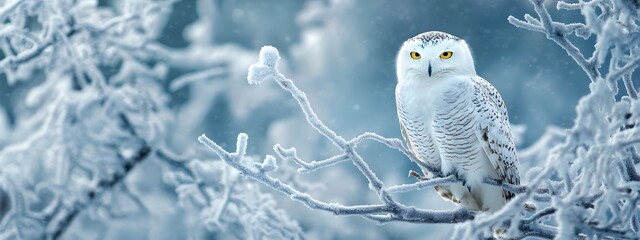 A snowy owl perched on the branches of an icy tree, its white feathers contrasting with the snow-covered landscape