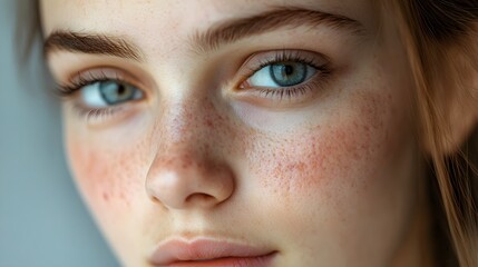 Close-up of a young face with acne on day 1, soft natural lighting, pale skin tones, minimal background, emphasis on skin texture, realistic photography style