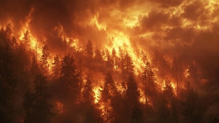 Fototapeta premium Forest fire raging through dry trees, with thick smoke rising into the sky as flames consume the forest,