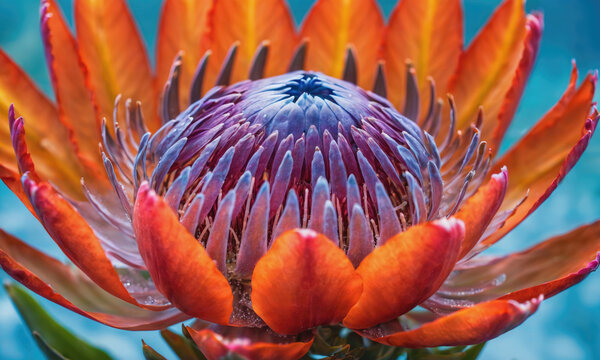 A close-up view of a protea flower in full bloom, showcasing its vibrant orange petals and intricate blue and purple center
