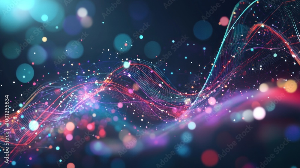 Poster abstract background with wavy lines and glowing particles