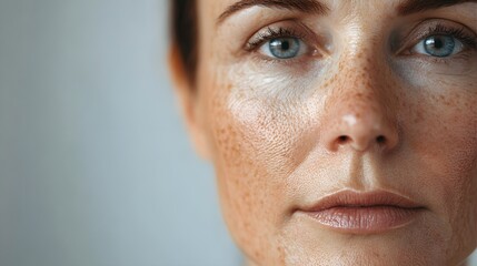 Obraz premium Detailed close-up of skin changes post-Botox, highlighting wrinkle reduction and smoother skin on the face, split-screen, High Detail, Digital Realism