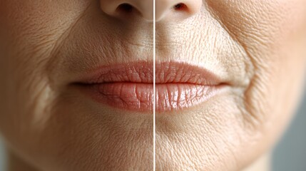 Obraz premium Close-up before-and-after comparison of a woman's mouth area, highlighting deep wrinkles before treatment and smooth, youthful skin after wrinkle reduction