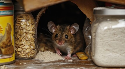 Plakat A brown mouse cautiously peeks out from its hole, pantry items like flour and cereal stacked nearby.