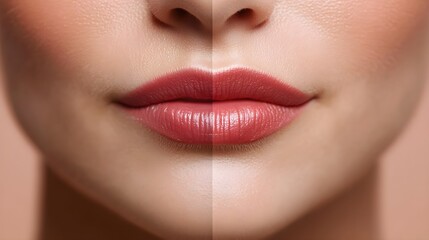 Fototapeta premium Close-up before-and-after of a woman's mouth area, showing visible wrinkles versus smooth, wrinkle-free skin, high contrast, Photorealistic, Soft Lighting