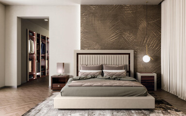 Modern luxury bedroom interior in minimal scandinavian style
