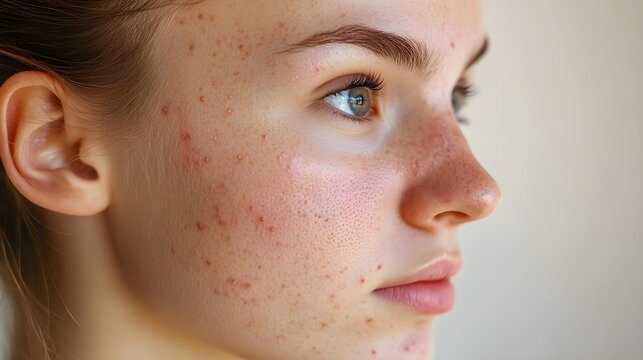 Acne-prone skin clearing over time in a time-lapse style, each day showing reduced inflammation, smoother texture, and more radiant complexion after diet change