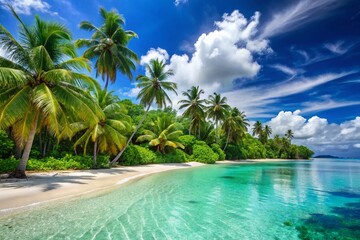 Tropical paradise scenery with crystal-clear turquoise waters, powdery white sandy beach, and lush green palm trees