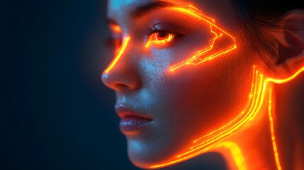 Fototapeta premium Digital illustration of acne scars fading after multiple laser sessions, glowing skin, light halo effect, abstract futuristic background, neon light accents, cyberpunk style
