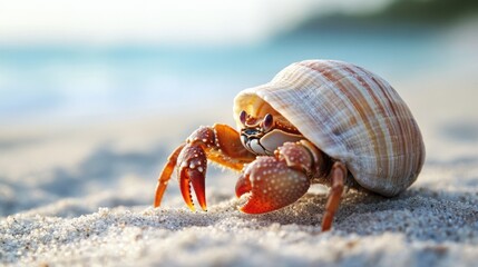 Cute Hermit Crab on Sandy Beach Under Bright Sky