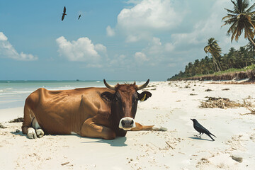 Relaxed cow standing on a sandy beach by the water, peaceful and tranquil scene with a cow enjoying the seaside, calm animal photo at the beach with a unique and serene atmosphere