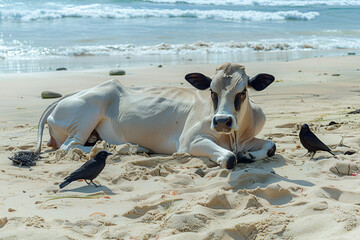 Relaxed cow standing on a sandy beach by the water, peaceful and tranquil scene with a cow enjoying the seaside, calm animal photo at the beach with a unique and serene atmosphere