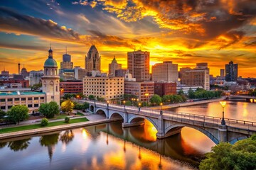 Fototapeta premium Urban cityscape at sunset, showcasing the vibrant colors of the Wisconsin Avenue Bridge and downtown skyline against a