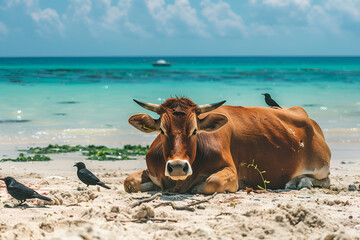 Relaxed cow standing on a sandy beach by the water, peaceful and tranquil scene with a cow enjoying the seaside, calm animal photo at the beach with a unique and serene atmosphere