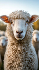 wide background photo, group of little lambs looking at the camera in a green grass field 