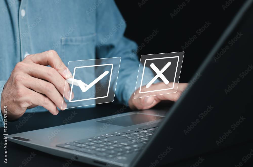Poster businessman is thinking and making choices between right and wrong symbols. decide to vote concept. 
