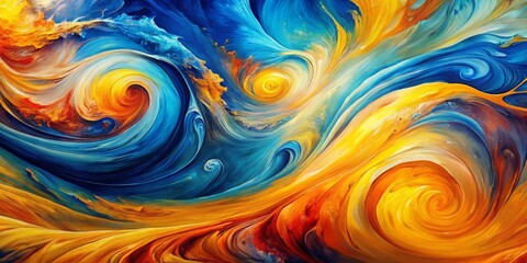 Vibrant abstract art canvas painted with swirling strokes of blue, yellow, and orange hues, creating a dynamic and
