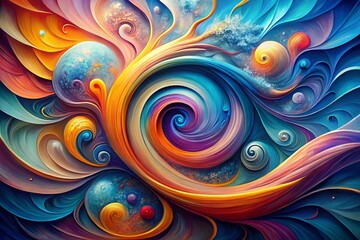 Vibrant abstract art piece with swirling shapes and colors creates a stunning focal point against a soft, gradient