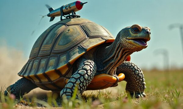 A comical turtle with a rocket strapped to its shell, preparing for an unexpected launch. The turtle's surprised yet determined expression adds humor to the scene. Generated with AI