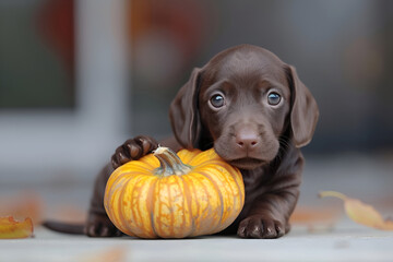 Adorable puppy playing with a pumpkin, close-up of brown dog in cozy fall setting, cute autumn pet photo, Halloween themed with small dog interacting with pumpkin indoors