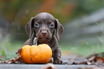 Adorable puppy playing with a pumpkin, close-up of brown dog in cozy fall setting, cute autumn pet photo, Halloween themed with small dog interacting with pumpkin indoors