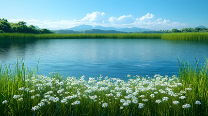 Serene Lake with White Flowers and Mountain Views