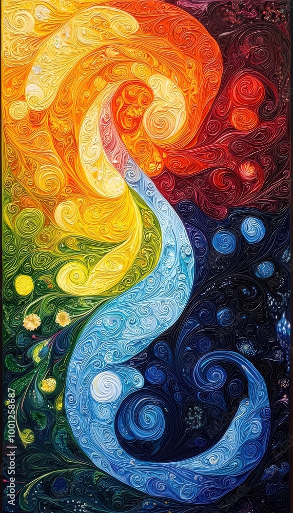 Poster vibrant abstract art with fluid colors transitioning from warm to cool tones, creating a stunning vi