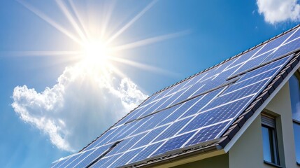 Fototapeta premium Solar Panels on a Roof with a Sunny Sky