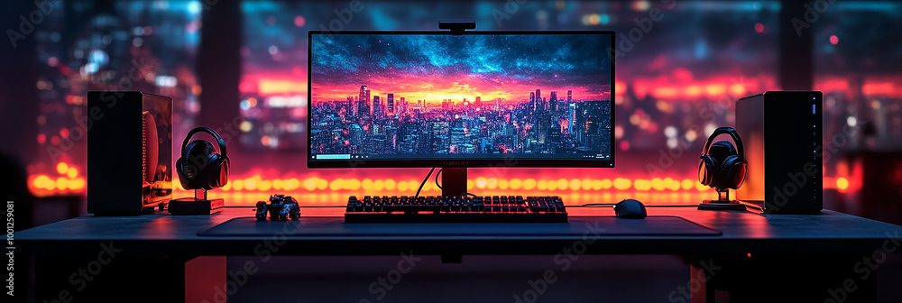 Poster wide banner background image with gamer console workplace table with pc computer screen and accessor