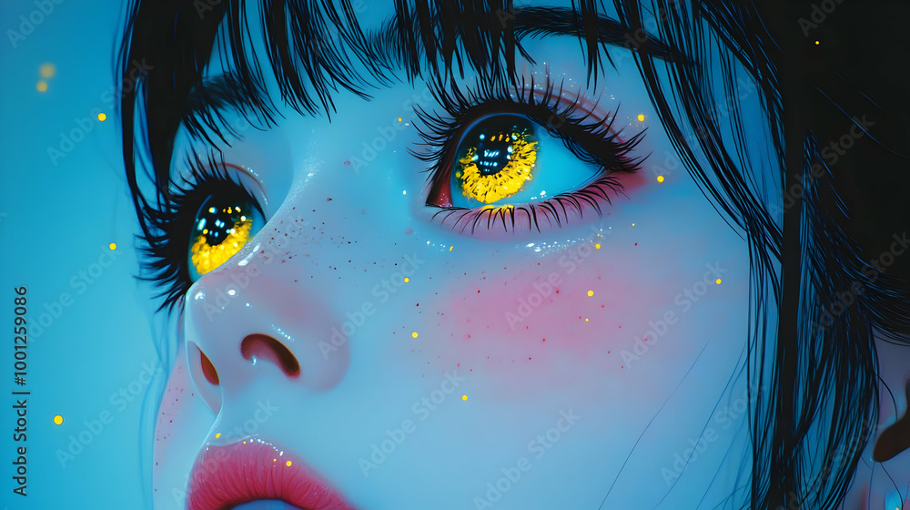 Poster Golden Eyes Gaze Upward in a Dreamy Digital Art Illustration