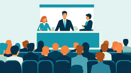 Business people listen to a presentation on a screen.