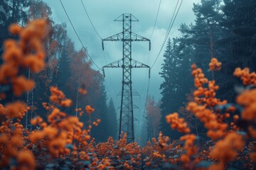 Majestic power transmission tower against clear blue sky surrounded by tree tops and cables