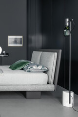 Modern luxury bedroom interior in minimal scandinavian style, 3d render