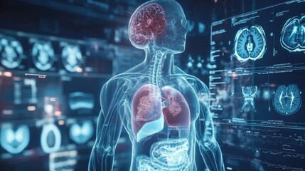 Digital X-ray showing internal organs of the human body, with specific areas highlighted for treatment, symbolizing medical technology advancements