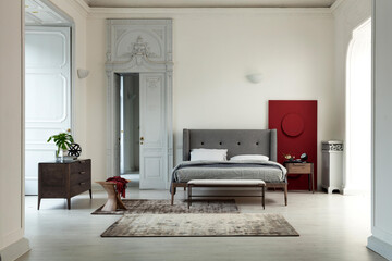 Modern luxury bedroom interior in minimal scandinavian style, 3d render
