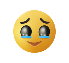 Emoji holding back tears. Cute emoji 3D style cartoon illustration. Tears of hapiness. Crying emoticon smile face vector. Tears in eyes