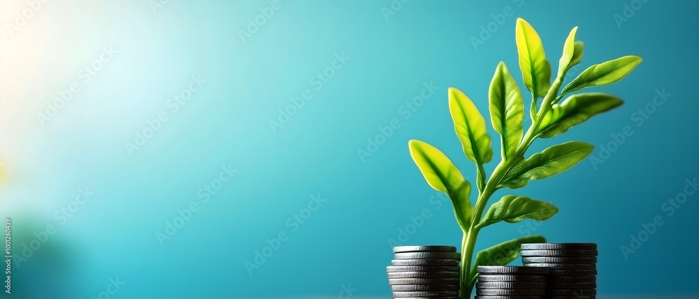 Wall mural a small green plant grows from a pile of coins, symbolizing growth, investment, and prosperity again