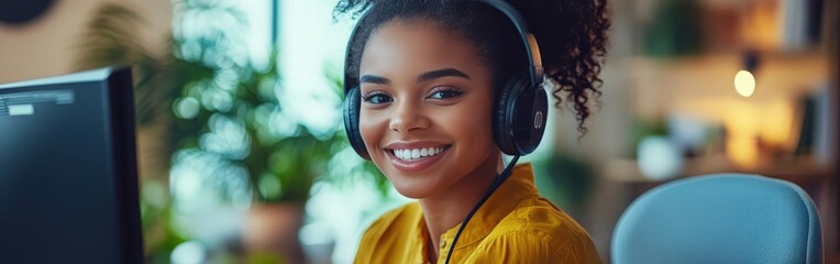 African-American Woman Working From Home in Video Call with Headset