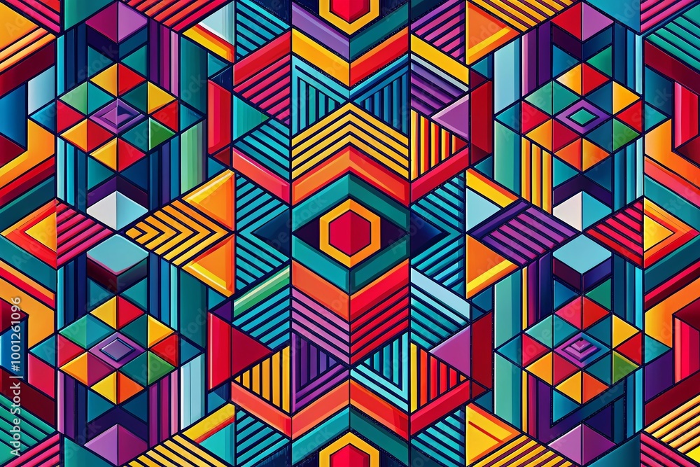 Poster vibrant, abstract geometric pattern with interconnected shapes and lines in bold colors, ideal for g