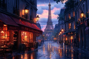 A romantic Parisian cafe under the Eiffel Tower, with rain falling on the cobblestone street and streetlamps casting a warm glow.