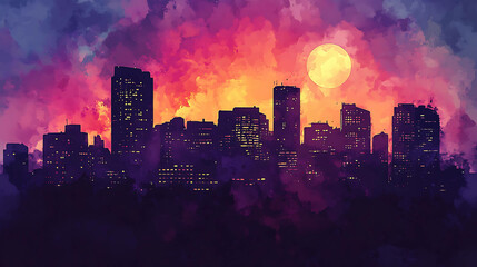 Obraz premium Silhouette of a city skyline with a large moon and colorful sky in watercolor style.