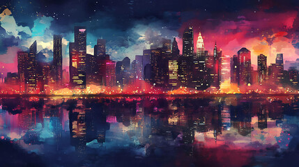 Obraz premium A watercolor painting of a city skyline with a colorful sunset reflecting in the water.