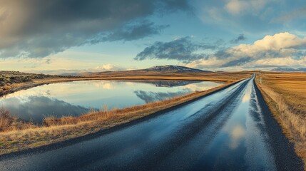 Diminishing perspective of an empty highway cutting through the scenic Icelandic landscape, bordered by a still lake and dramatic sky.