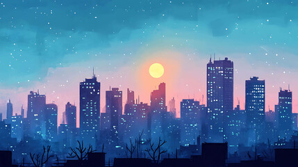 A city skyline with a full moon and many stars in the night sky.