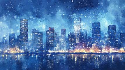 Obraz premium Watercolor painting of a city skyline at night with snow falling.