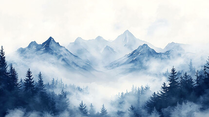 Watercolor painting of a misty mountain range with pine trees.