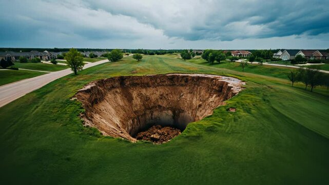 Giant sinkhole in suburban neighborhood with dramatic clouds above, symbolizing natural disasters and environmental awareness