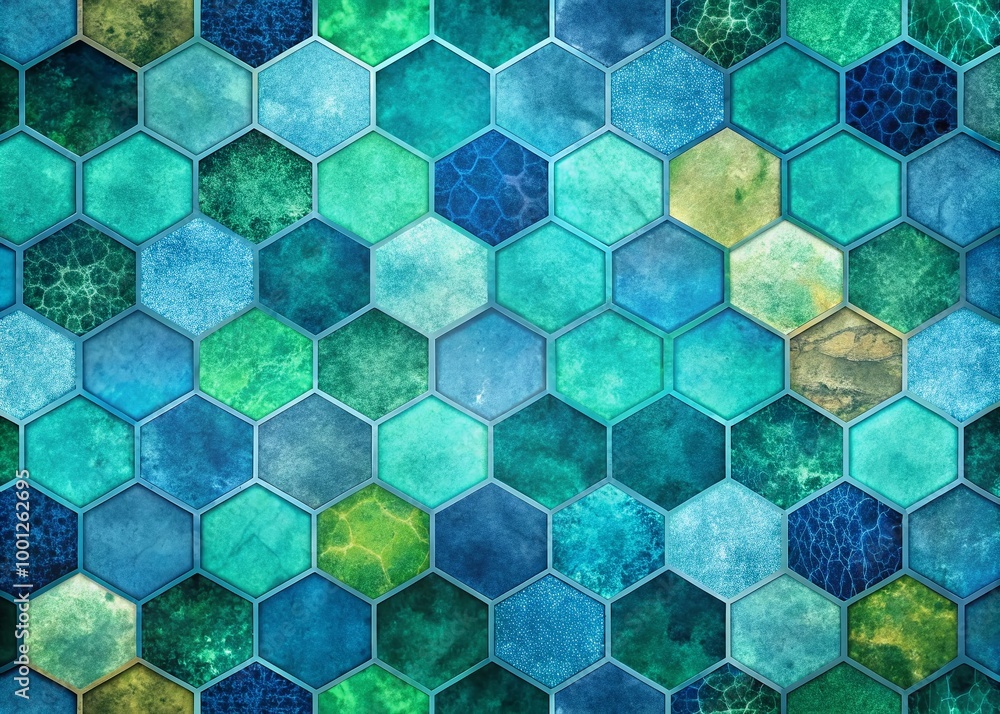 Poster vibrant abstract hexagonal tiles in shades of blue and green blend seamlessly with a subtle grunge t