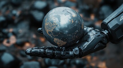 Futuristic robotic hand holding digital globe symbolizing global network